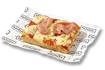 Porción con masa ligera, crujiente y digestiva, con más de 72h de fermentación, Base de nuestra sabrosa salsa de tomate, mozzarella rallada, Jamón Cocido, aceite de oliva virgen y un toque de orégano.