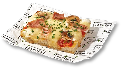 Porcion con masa artesana ligera, crujiente y digestiva, con más de 72h de fermentación, con mozzarella , salsa carbonara , bacon troceado y champiñón laminado