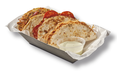 Wheat tortillas with shredded mozzarella, filled with your choice of: crispy bacon, spicy chorizo, chicken tinga, or cochinita pibil.